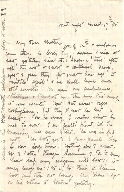 First page of a typical WW1 letter home from Arthur.